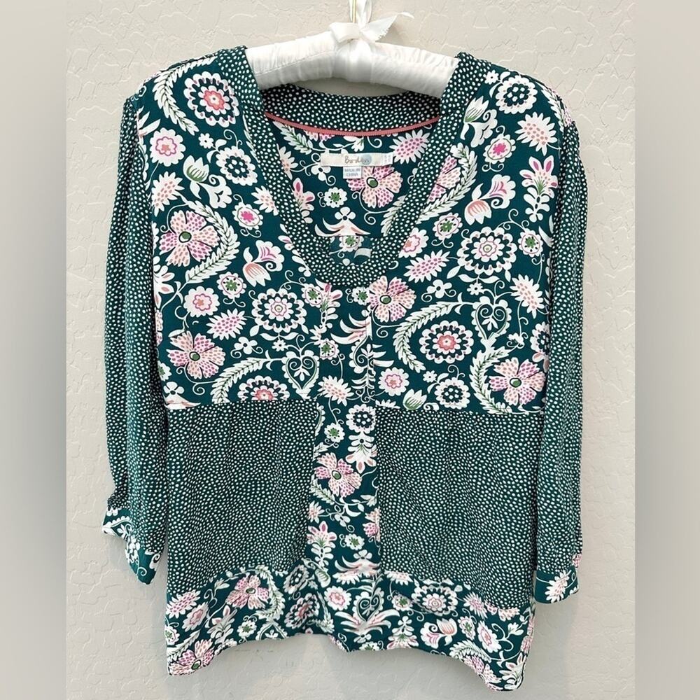 BODEN | Green Mixed Print Floral Polka Dot Print Blouse Viscose | Size 8
